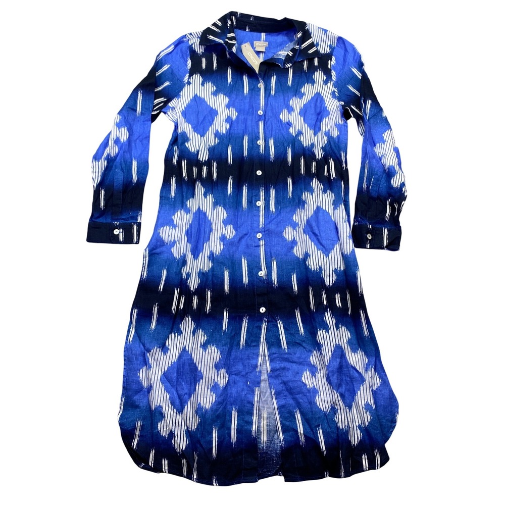 Chicos Linen Super Tunic Ikat Woven Pattern Blue Long Sleeve Shirt 1 US 8/10 NWT